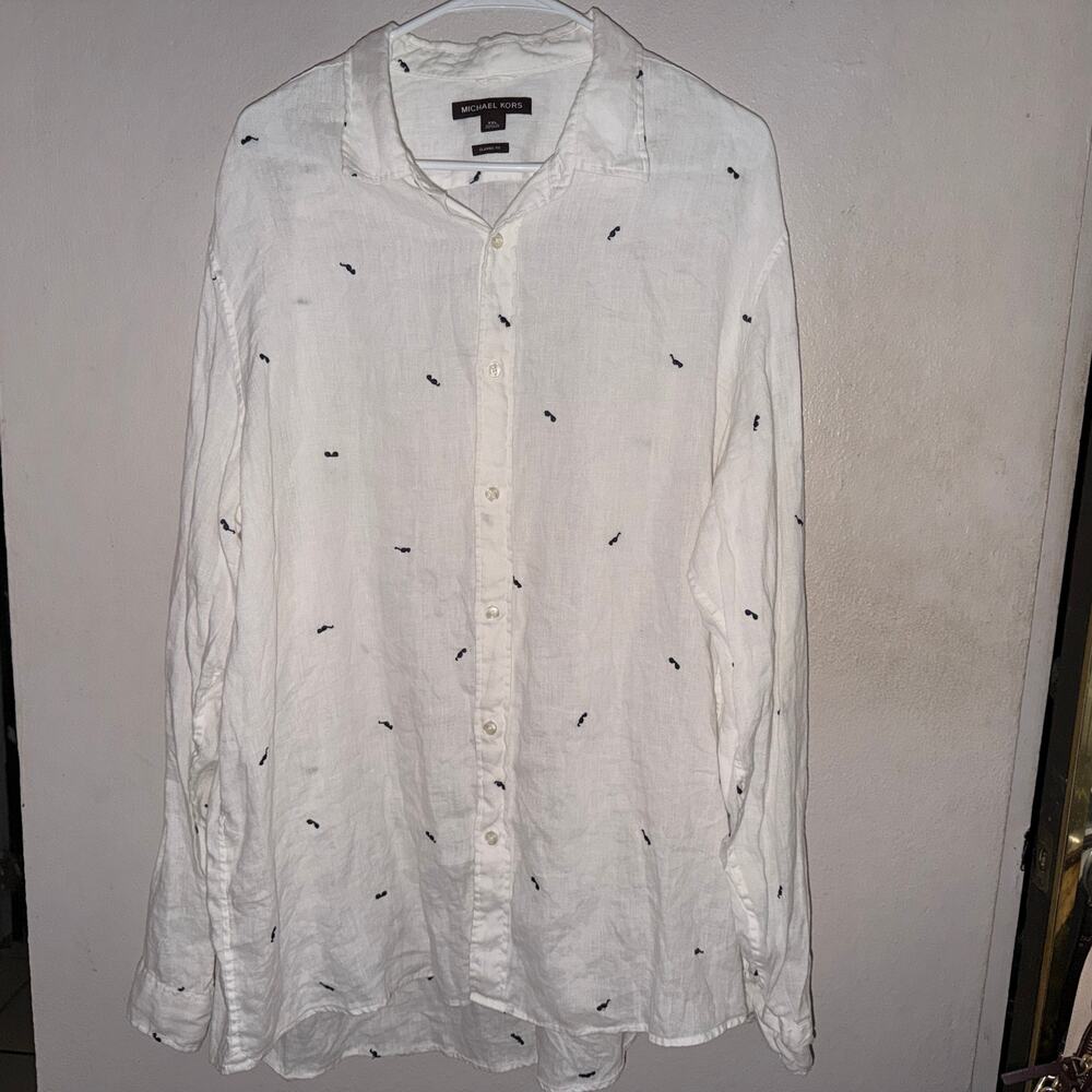 Michael Kors Men's 100% Linen Button Down Shirt w/ Embroidered Sunglasses XXL
